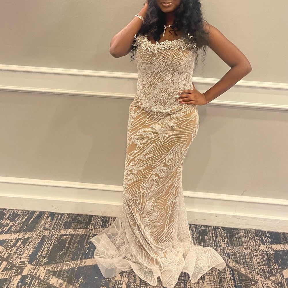 White and Silver Sequin Spaghetti Strap Maxi Dress for Prom